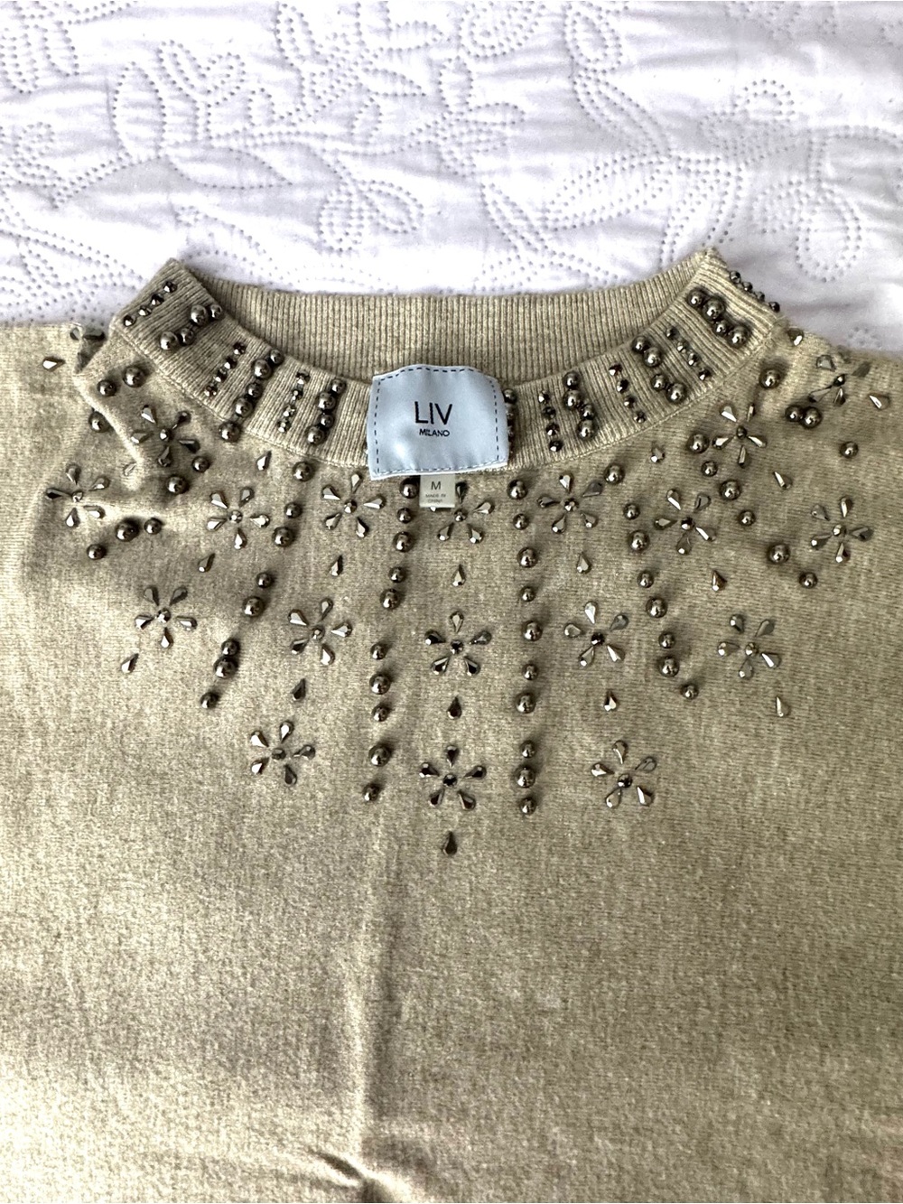 LIV Milano Women's Cream Jeweled Crewneck Sweater